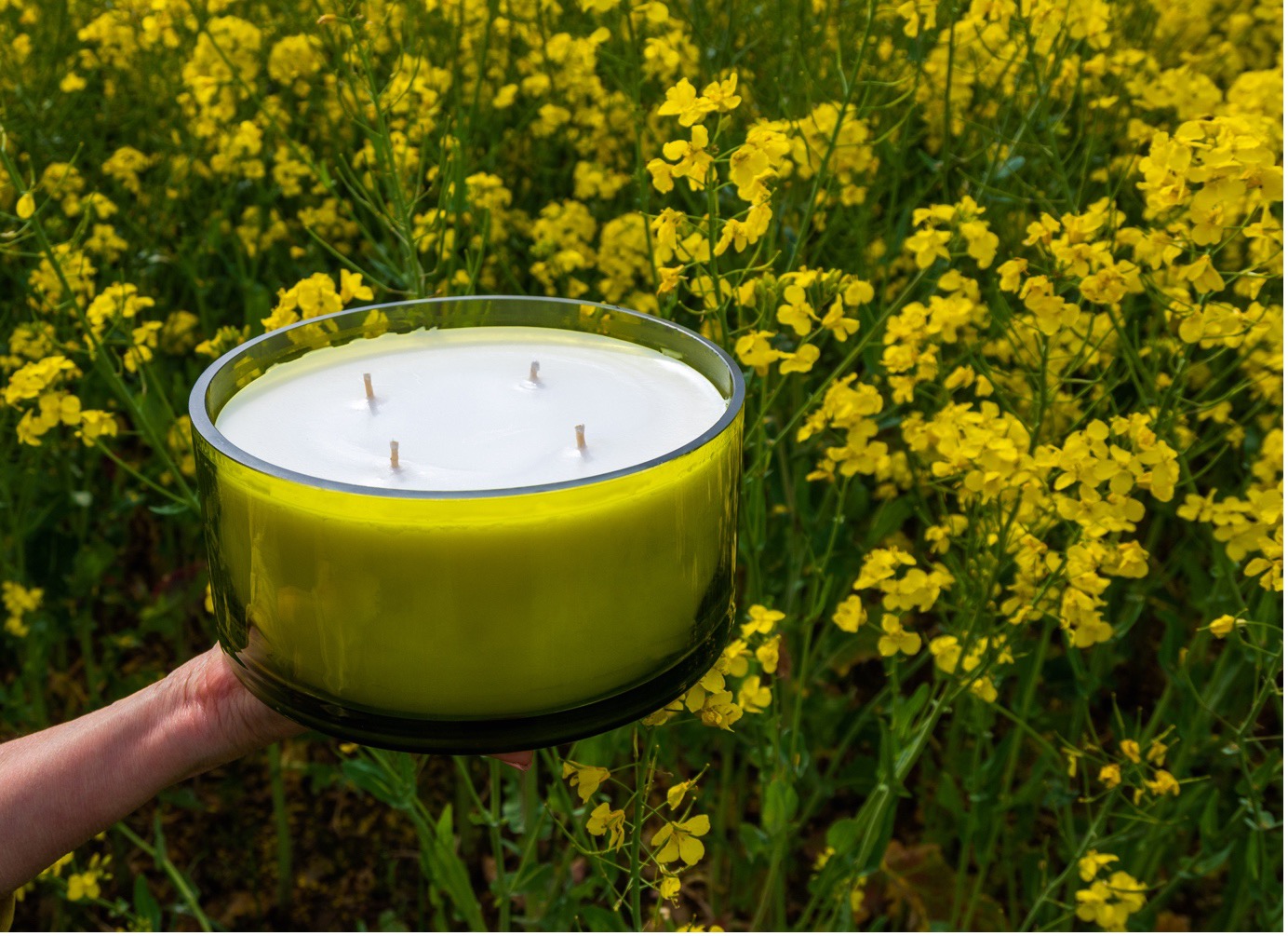 Large green candle bowl held up in a field of yellow flowers.